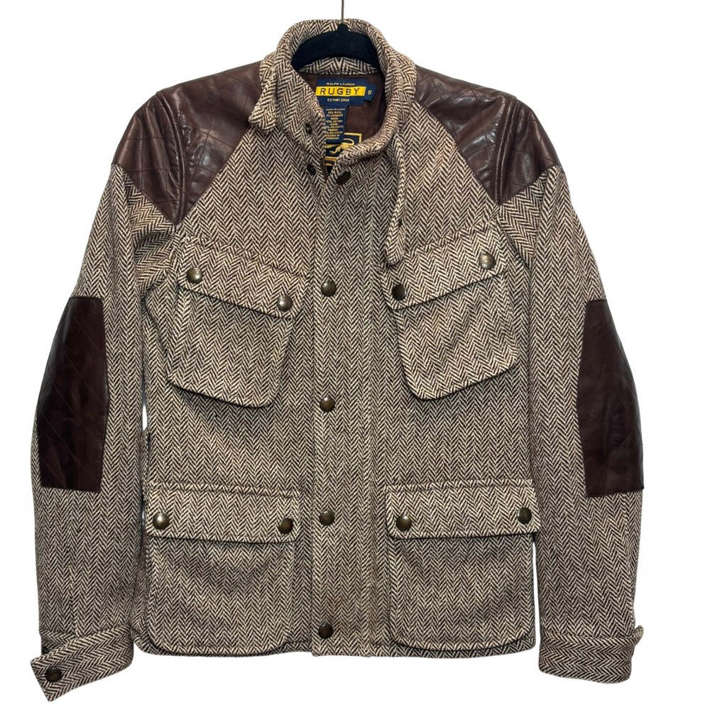 VTG Y2K Ralph Lauren Rugby Field Jacket Men S Brown Herringbone Leather Academia